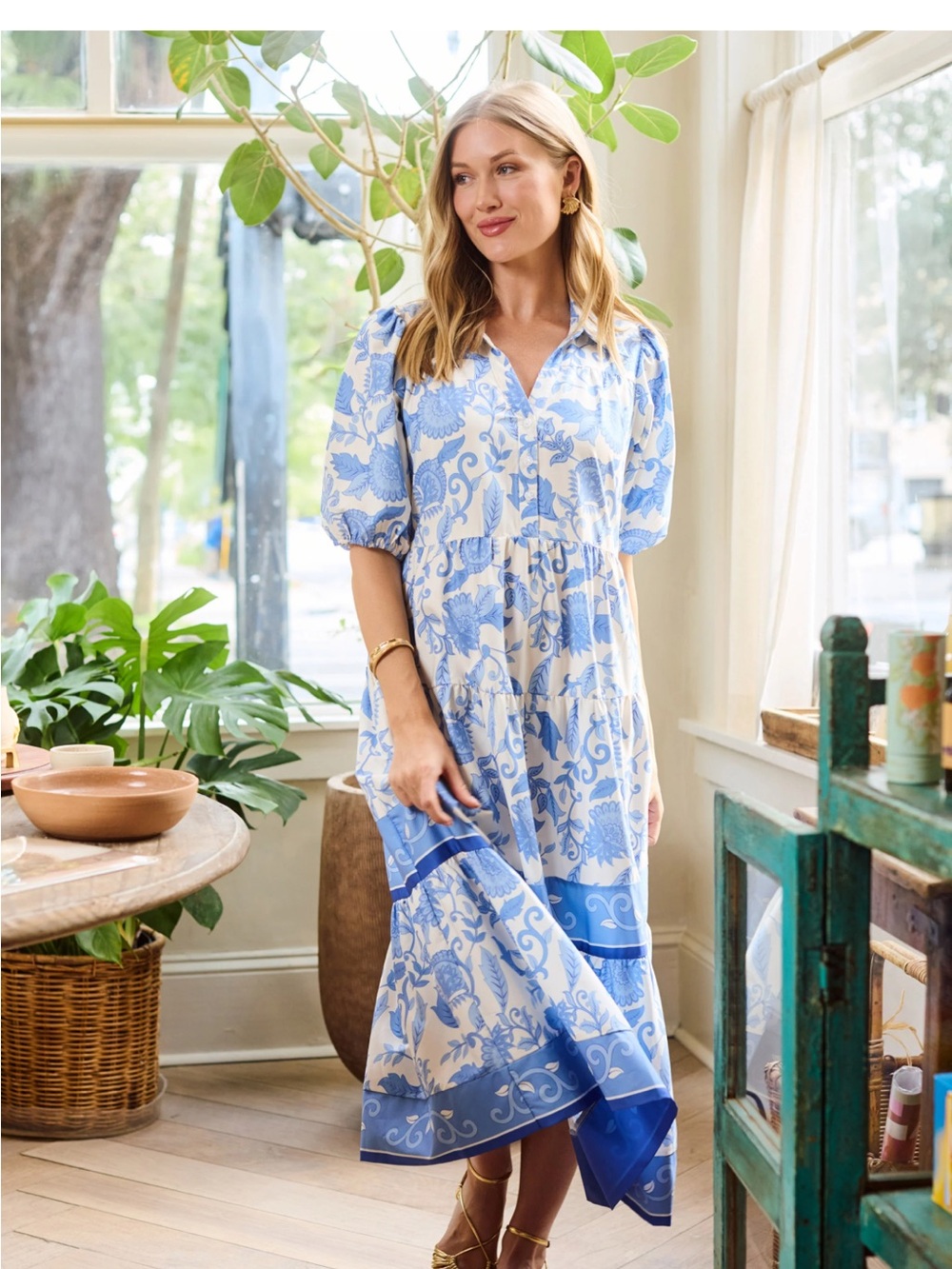 EUC! Eloise Dress in Porcelain Vines Blue by Mary Square BEAUTY! Midi Sz 2X
